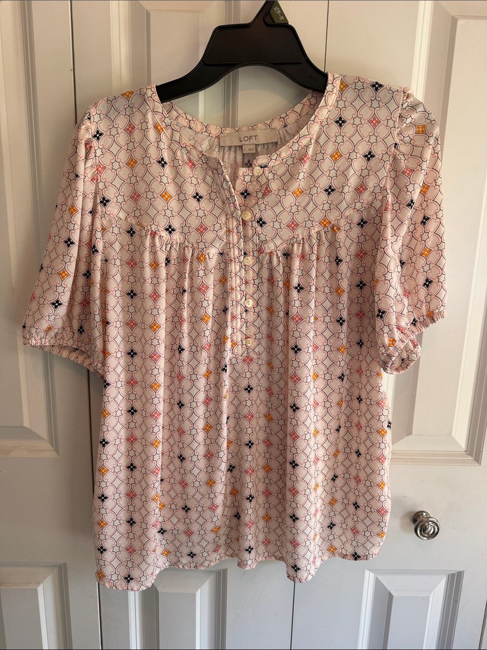 LOFT Pink Geometric Print Short-Sleeve Blouse